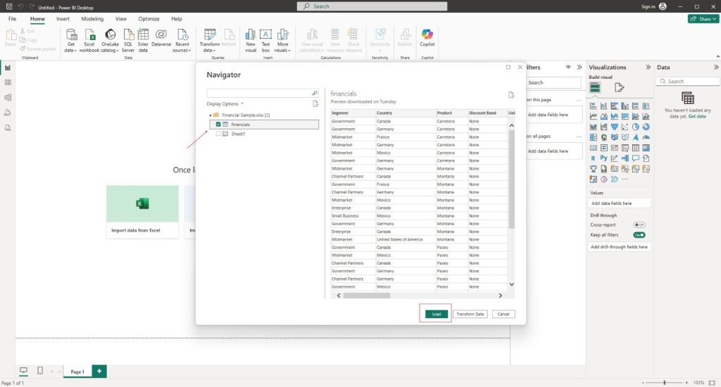 Power BI interface displaying the Navigator window with the “Financial Sample” Excel sheet selected and previewed. The “Load” button is highlighted, indicating the next step to import the dataset for analysis. (B EYE Power BI Performance Analyzer Guide)