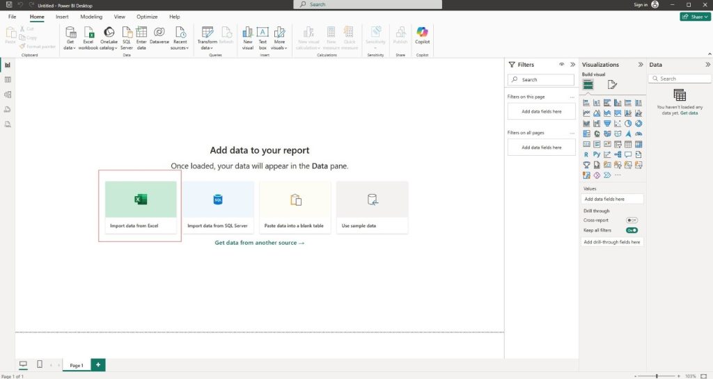 Power BI interface showing the “Add data to your report” screen with the “Import data from Excel” option selected. This step initiates the process of connecting to the Financial Sample dataset for further analysis. (B EYE Power BI Tutorial)