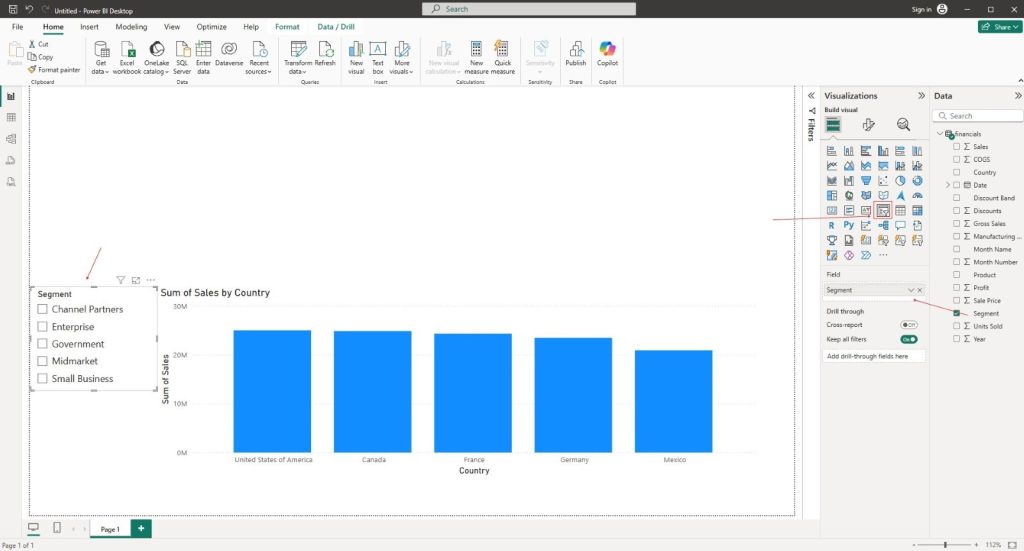 Power BI report interface displaying a clustered column chart titled “Sum of Sales by Country,” with an added slicer on the left filtering data by Segment. The slicer includes checkboxes for Channel Partners, Enterprise, Government, Midmarket, and Small Business. The Segment field is highlighted in the Data pane, and the slicer visualization icon is selected in the Visualizations pane. (B EYE Power BI Training – Slicer Implementation)