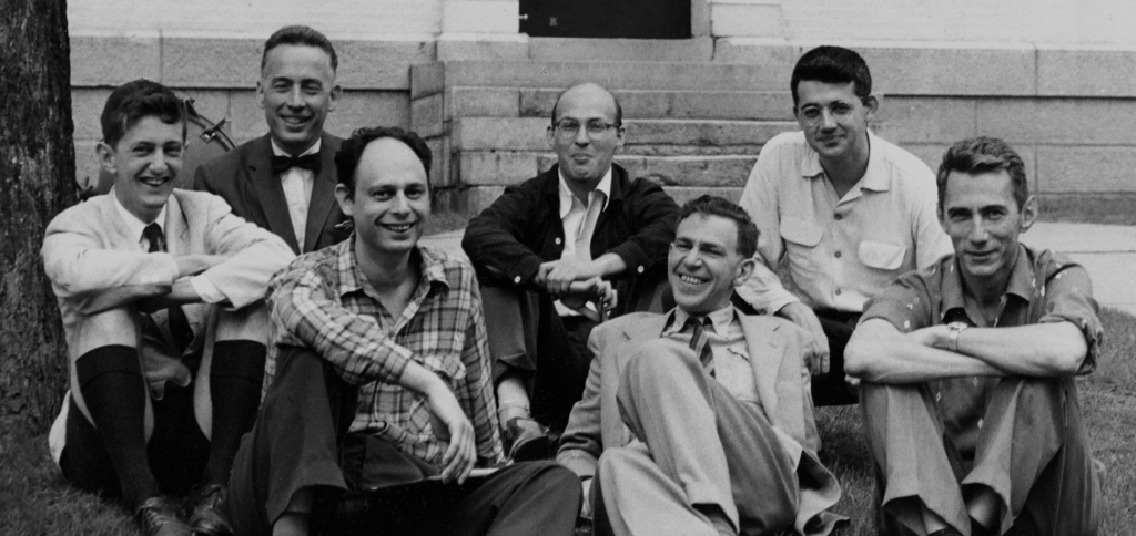 Historical photograph from the 1956 Dartmouth Conference, featuring AI pioneers Marvin Minsky, Claude Shannon, Ray Solomonoff, and other attendees, widely considered the founding event of artificial intelligence as a field.