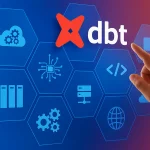 Hand pointing at the dbt logo on a digital interface with cloud, code, and data infrastructure icons. (B EYE)