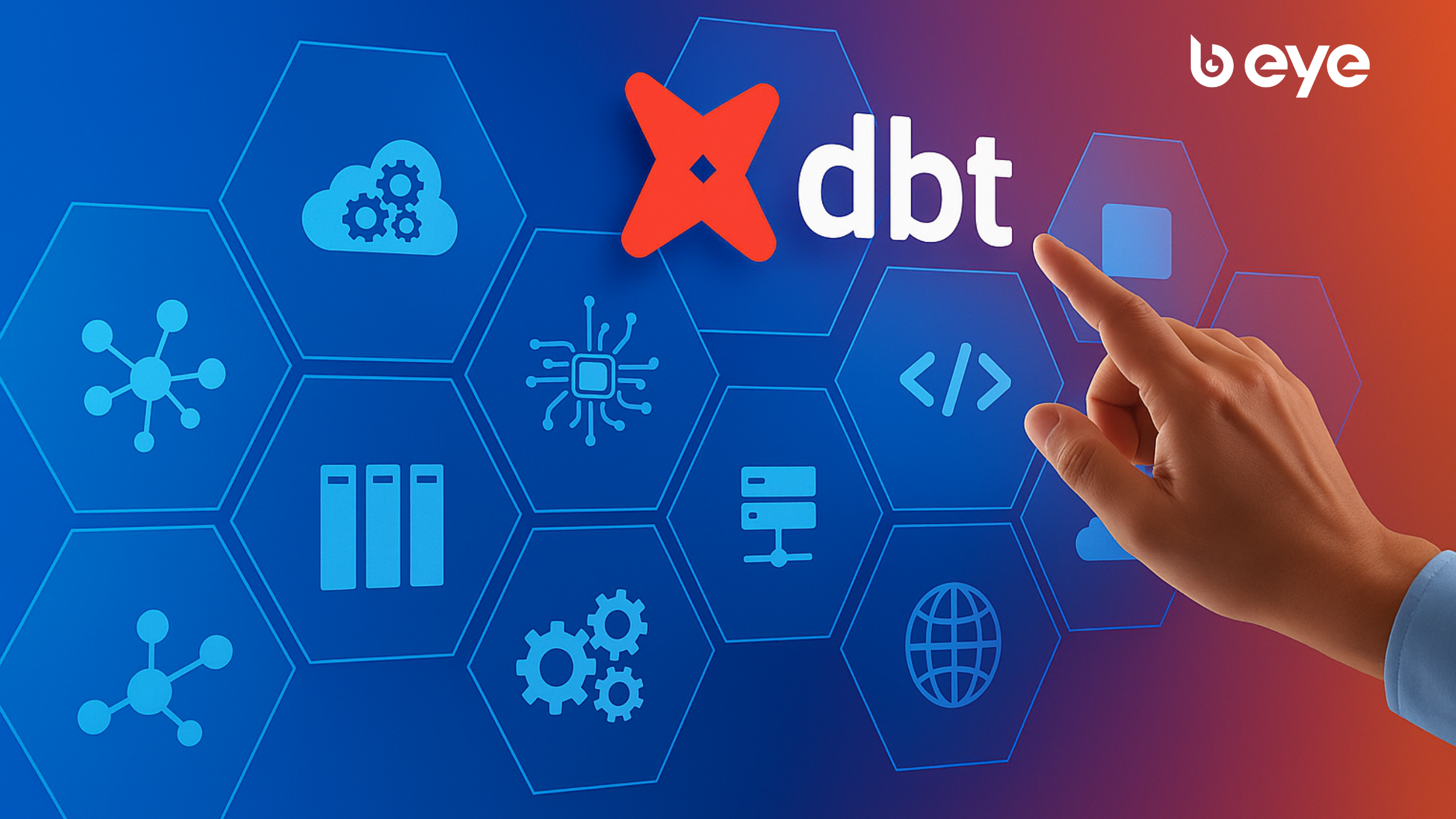 Hand pointing at the dbt logo on a digital interface with cloud, code, and data infrastructure icons. (B EYE)