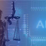Blindfolded Lady Justice statue overlaid with a glowing AI microchip, symbolizing the intersection of legal ethics and artificial intelligence adoption. (B EYE Legal AI Consulting)