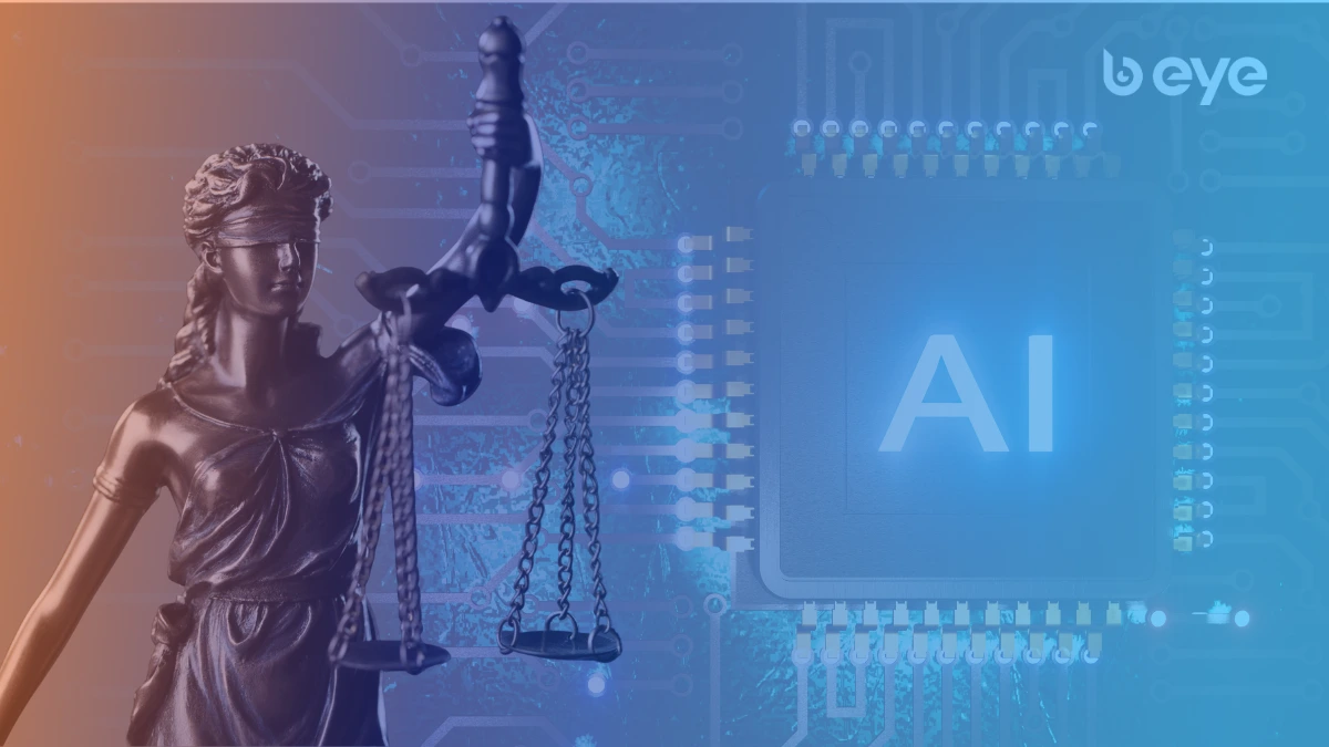 Blindfolded Lady Justice statue overlaid with a glowing AI microchip, symbolizing the intersection of legal ethics and artificial intelligence adoption. (B EYE Legal AI Consulting)