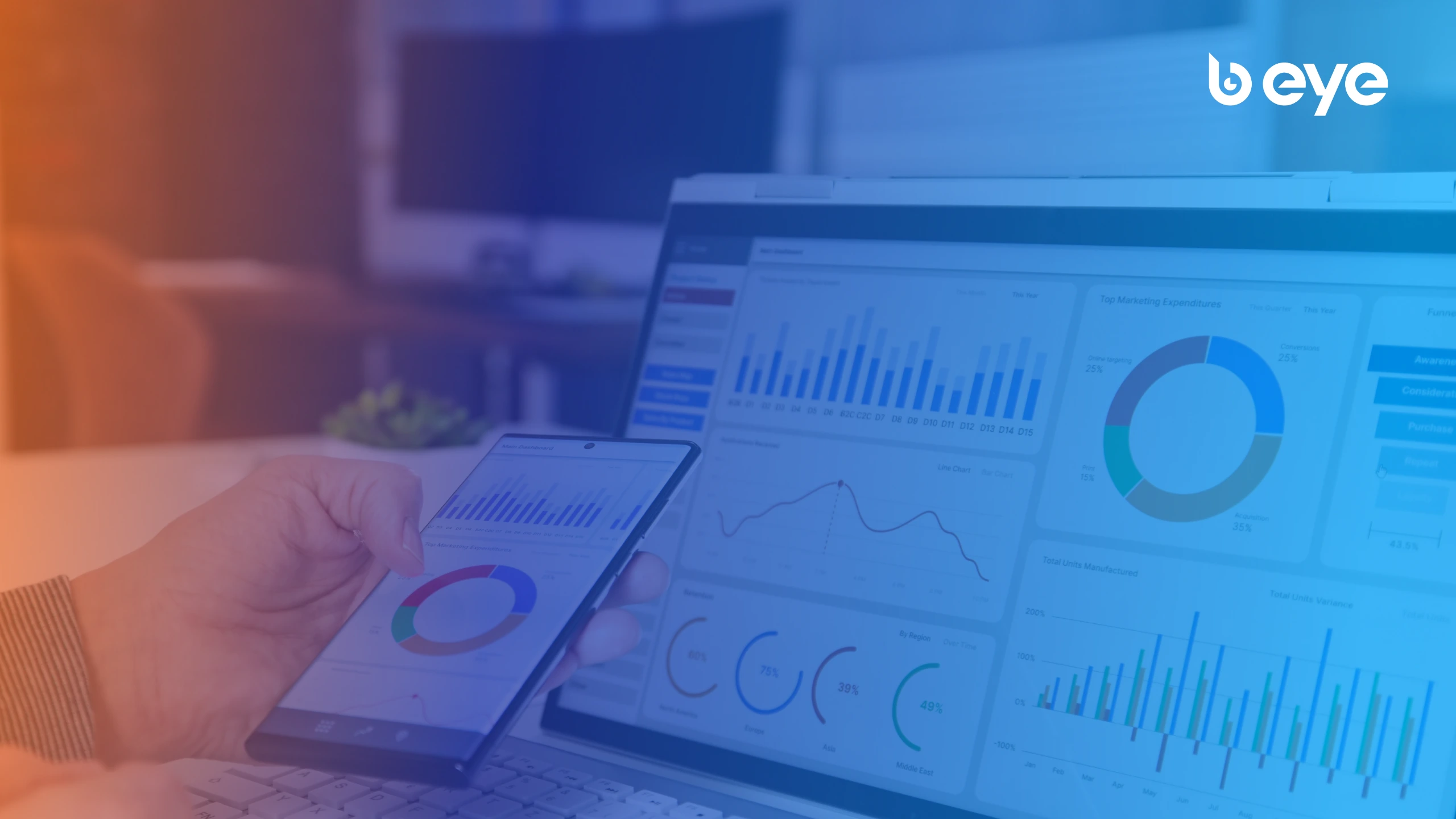 Modern data analytics workspace with dashboards on a laptop and smartphone, displaying charts and KPIs under a blue-orange gradient. Represents B EYE’s Data Maturity Assessment and AI-readiness evaluation.