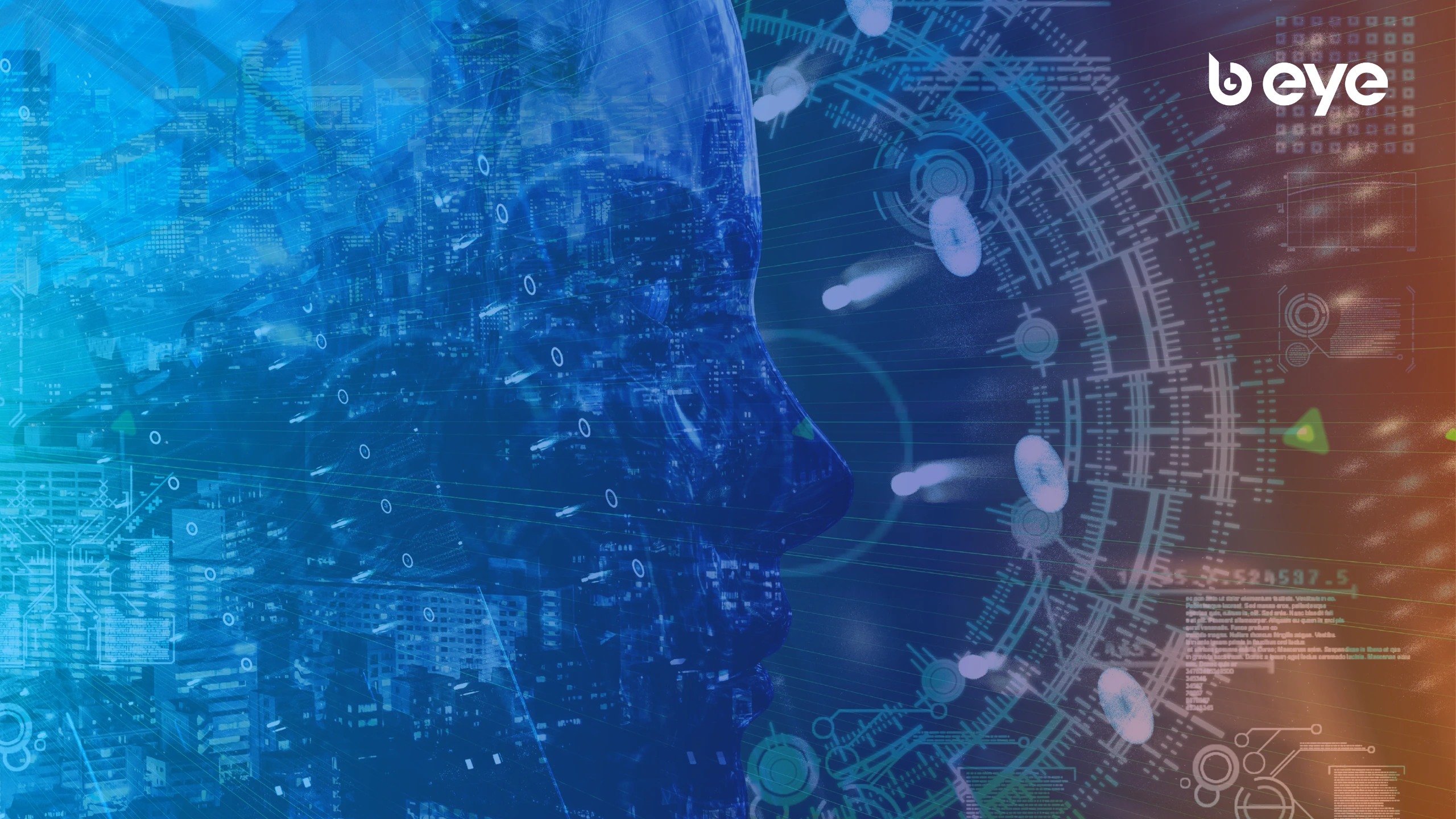 Digital illustration of a human head overlaid with cityscape and data streams, symbolizing AI-driven business intelligence and predictive analytics. (B EYE Artificial Intelligence Vision)