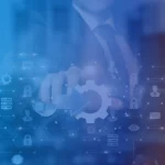 "Abstract digital background showing a business professional pressing a gear icon, symbolizing automation, integration, and digital transformation in enterprise planning. (B EYE IBP Consulting Cover)"