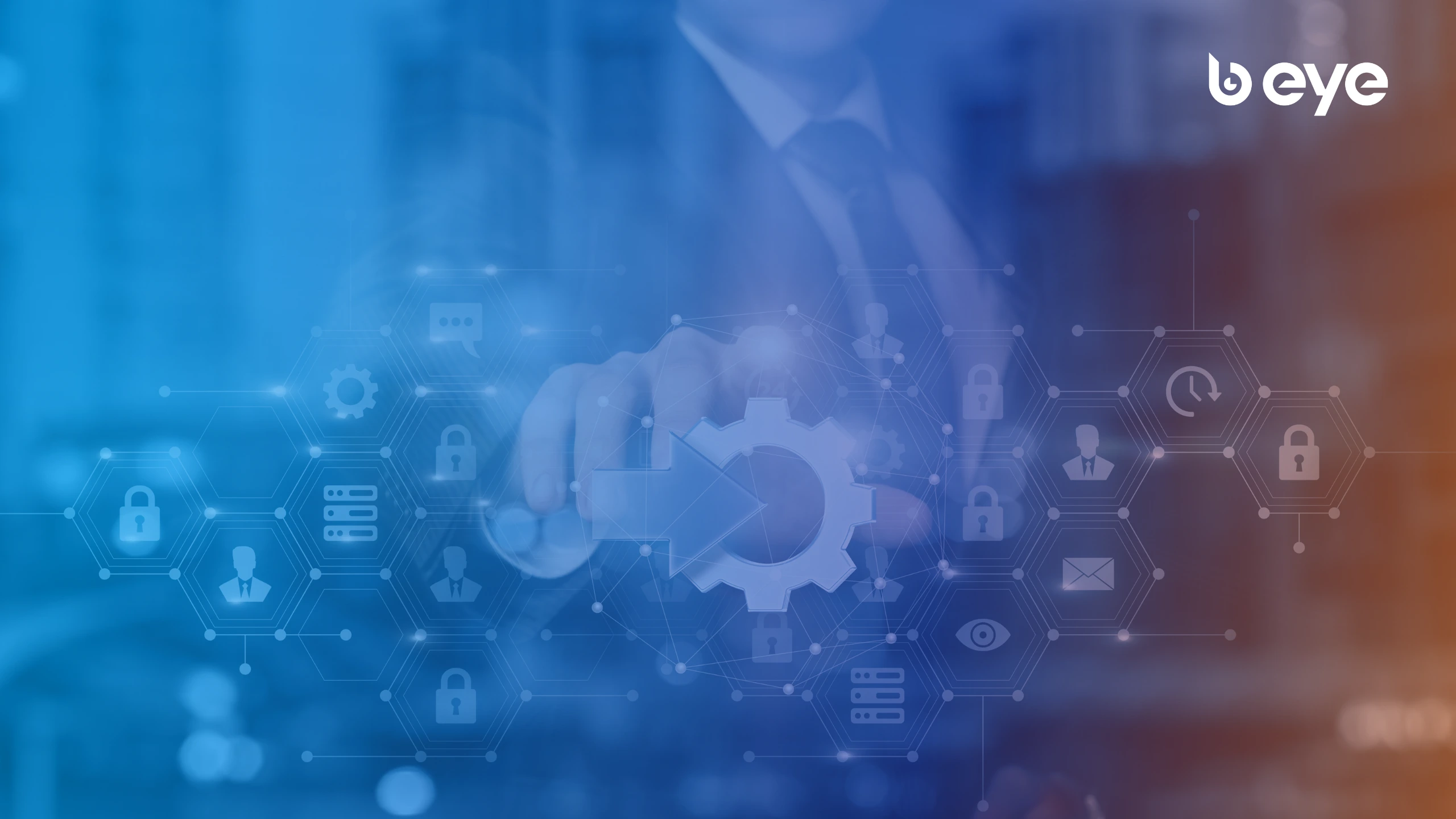 "Abstract digital background showing a business professional pressing a gear icon, symbolizing automation, integration, and digital transformation in enterprise planning. (B EYE IBP Consulting Cover)"
