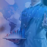 Cover image with B EYE branding showing a business professional interacting with a digital network map and data chart overlay.