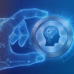Blue digital wireframe hand holding a glowing circular icon with a human head and gear symbols, representing AI-driven business intelligence.