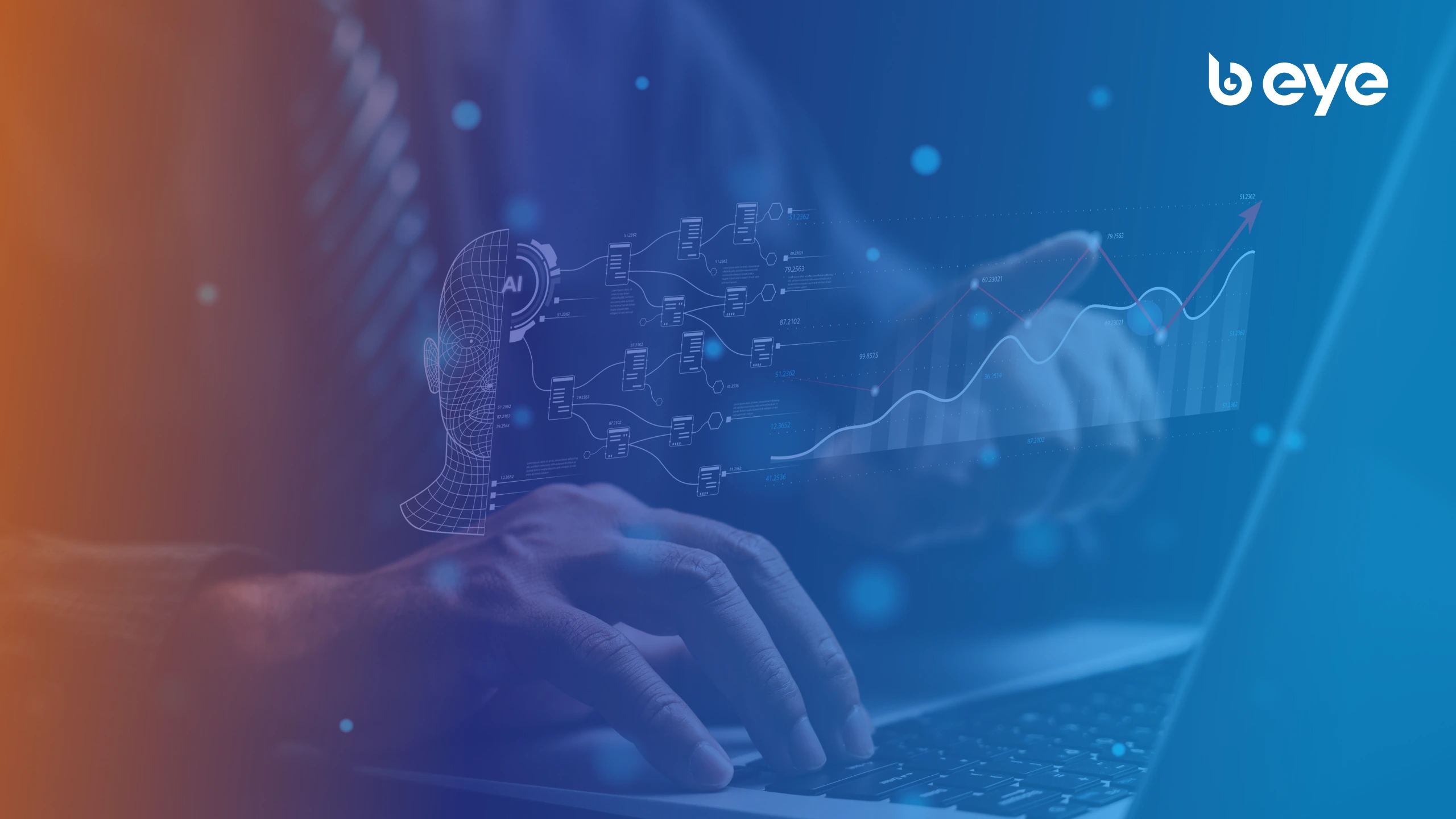 B EYE branded hero image showing a professional using a laptop with AI interface graphics, data flow elements, and performance charts representing data analytics consulting and AI-driven business transformation.