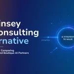 Article cover for “McKinsey AI Consulting Alternative” showing a blue digital strategy-to-value framework with B EYE branding and a circular AI strategy hub connecting strategy and execution.