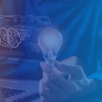 Cover image with B EYE branding, showing a person holding a light bulb in front of a laptop with AI-themed digital graphics in the background.