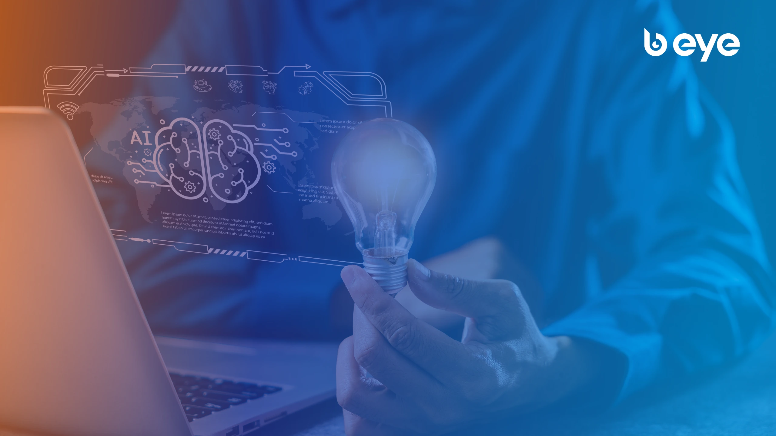 Cover image with B EYE branding, showing a person holding a light bulb in front of a laptop with AI-themed digital graphics in the background.