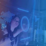 B EYE article cover image for "Data Platform Modernization" showing a woman interacting with a large digital display featuring a world map made of data points and a circular holographic interface, set in a technology operations center, overlaid with a blue and orange gradient and the B EYE logo in the top right corner.