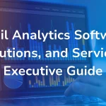 B EYE article cover image for "Retail Analytics Software, Solutions, and Services: Executive Guide" showing a person using a laptop with a retail analytics dashboard displaying sales by country, audience segmentation filters, bar charts, and a pie chart, overlaid with a blue and orange gradient and the B EYE logo in the top right corner.