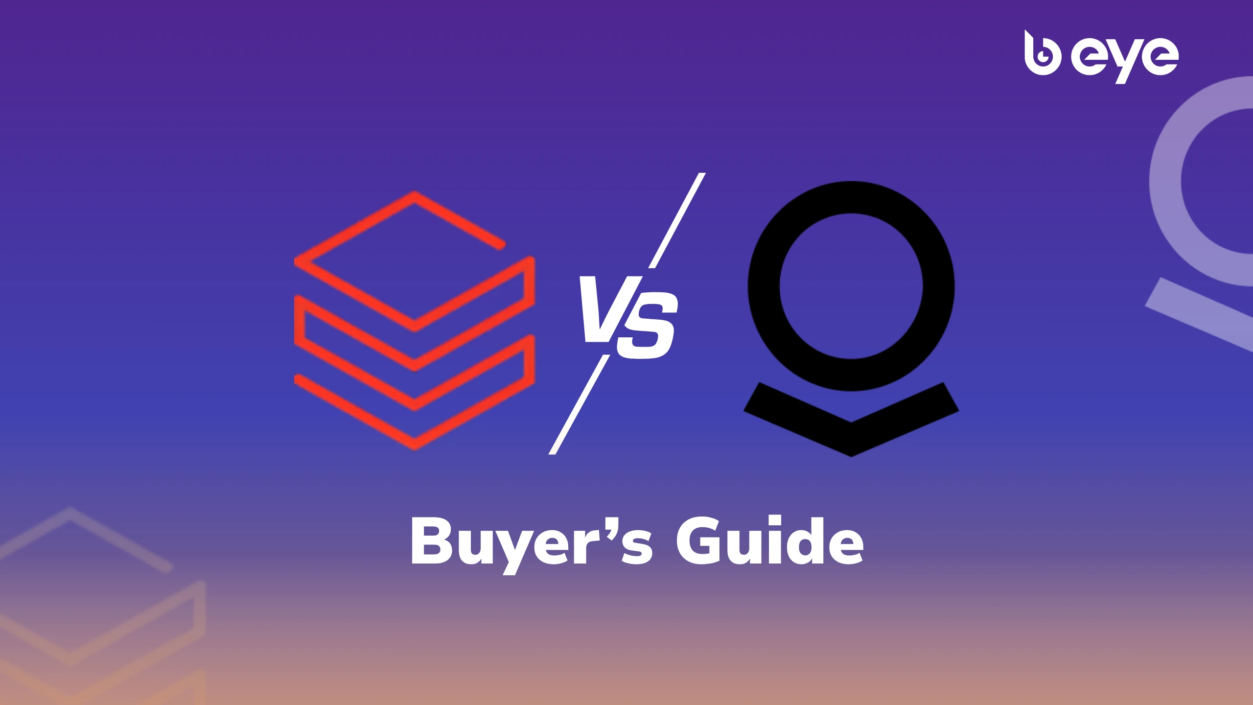 Databricks vs Palantir buyer's guide graphic showing the Databricks and Palantir logos with a versus divider and the B EYE logo.